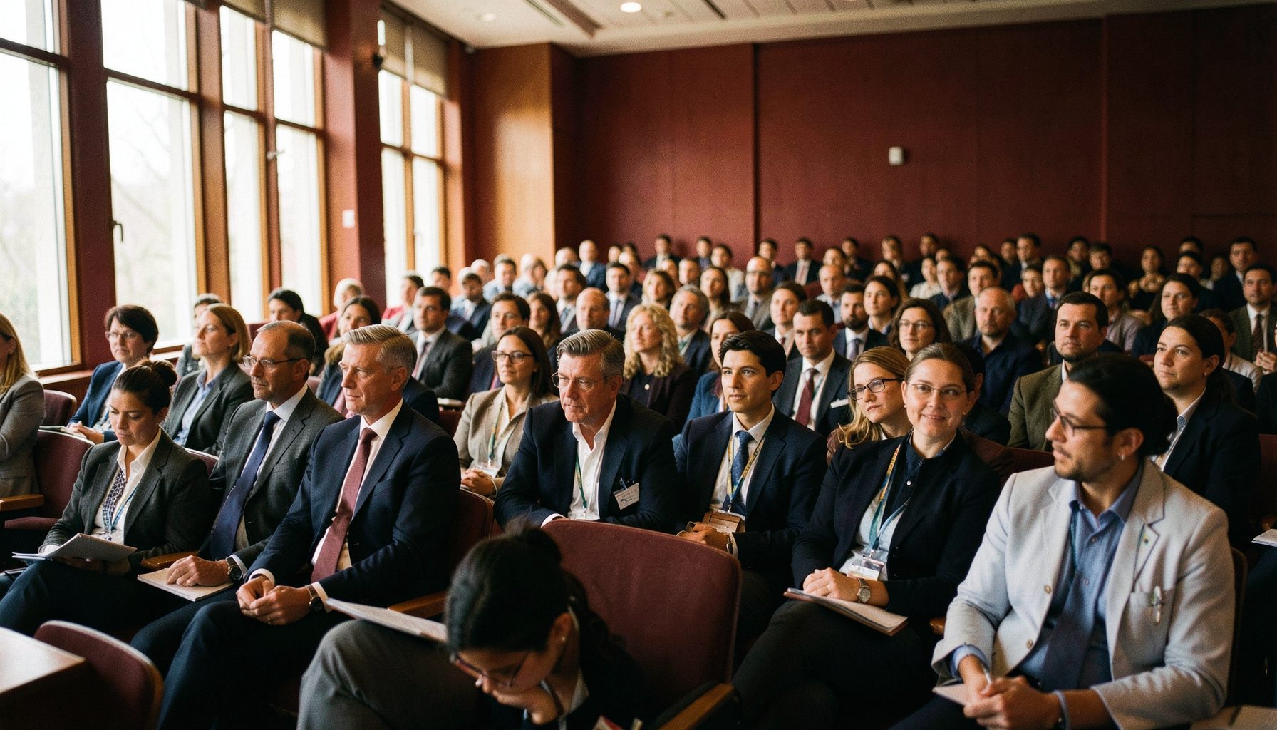 A wide lecture hall filled with attentive healthcare professionals in business attire, warm amber and deep maroon tones
