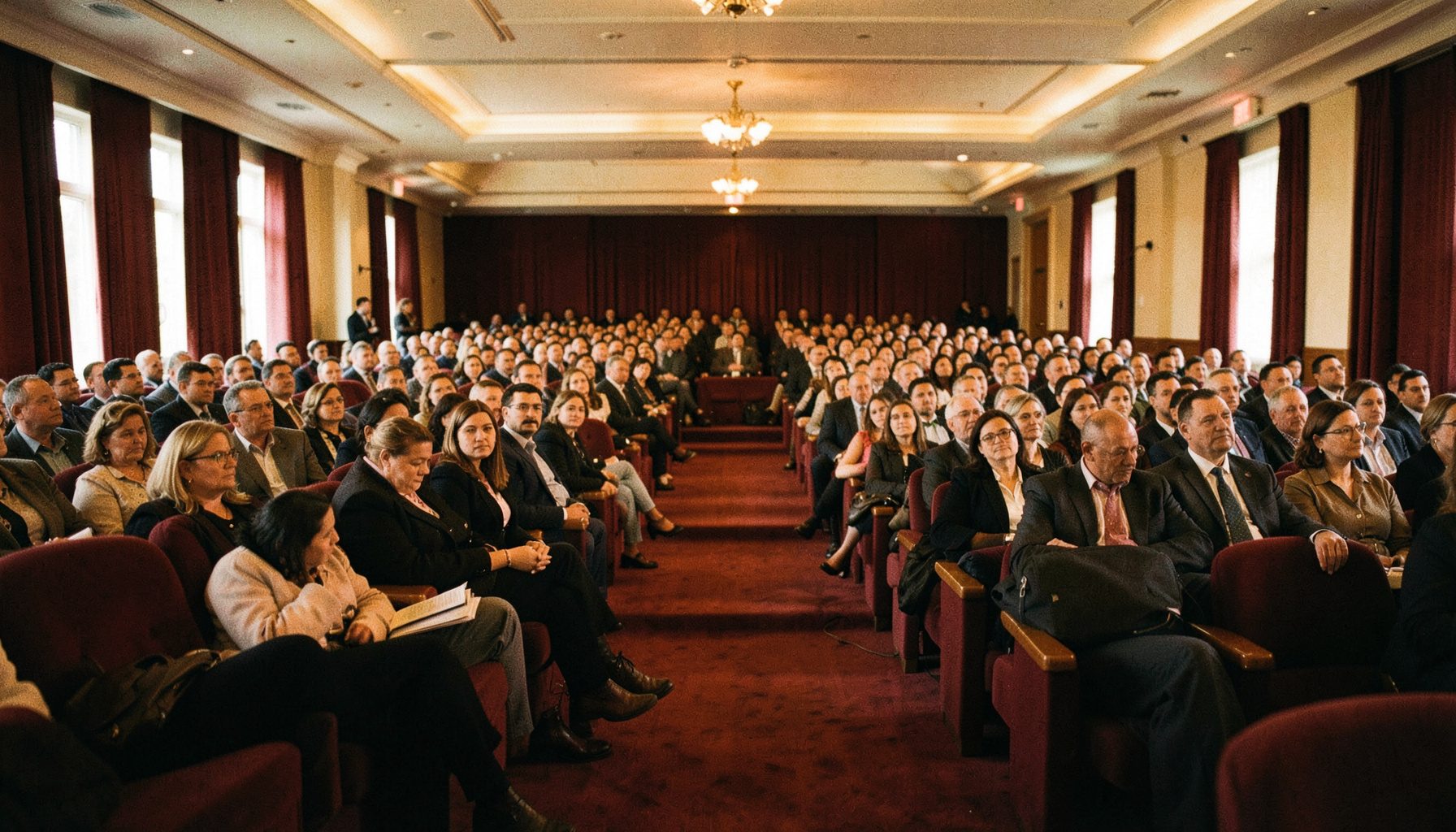 A wide conference hall filled with attendees seated in rows, warm amber lighting casting a golden glow across the room