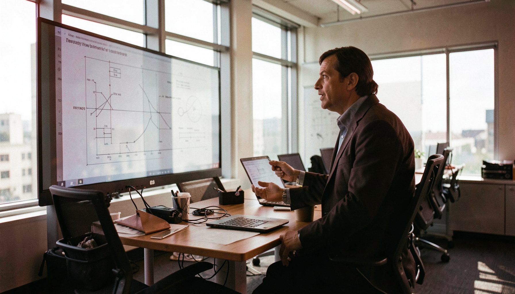 An engineering-sector speaker at a standing desk with technical diagrams on screen, natural daylight streaming through tall windows