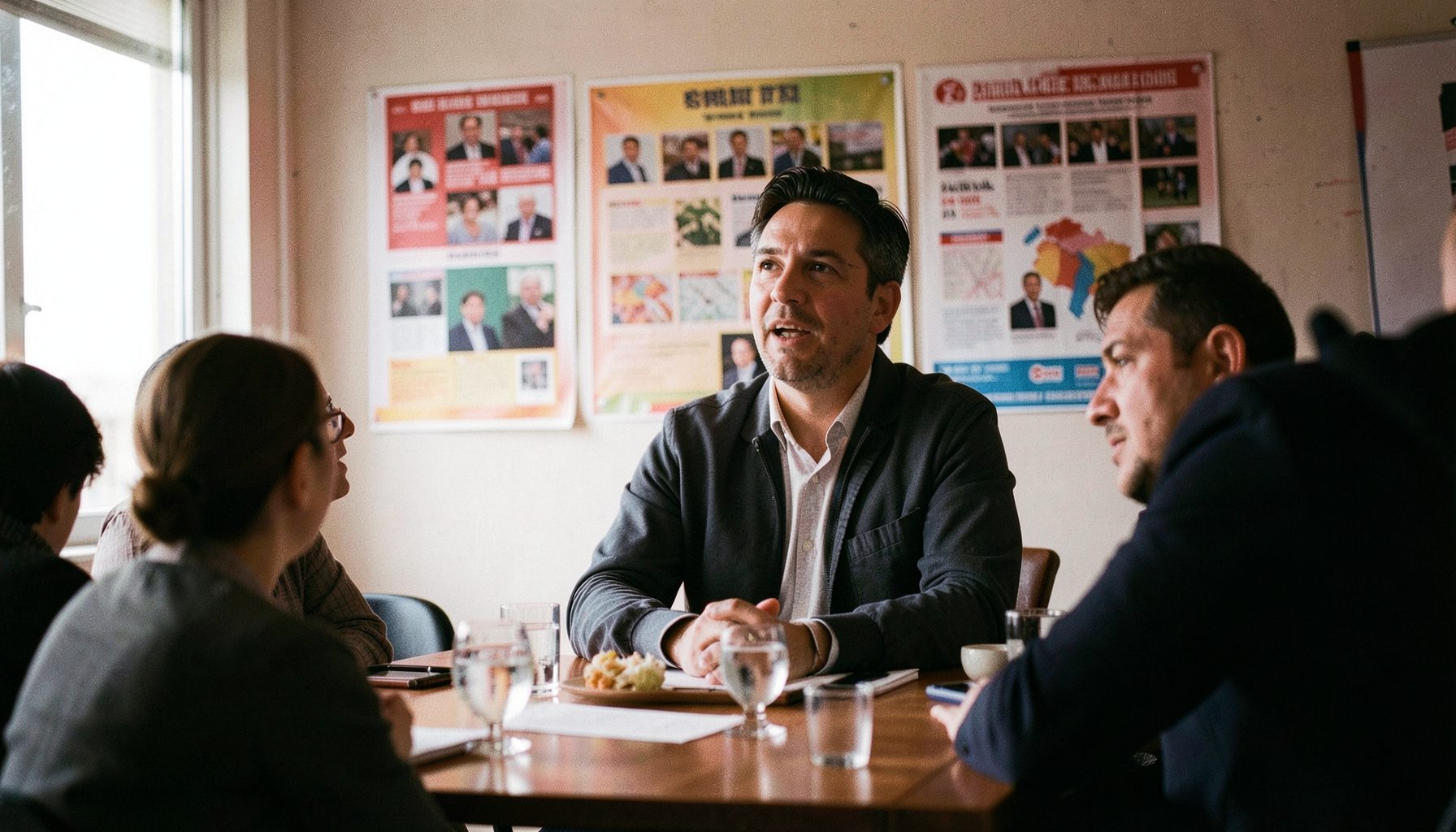 An NGO-sector speaker addressing a roundtable discussion, with colourful informational posters on the wall behind and natural light filling the room