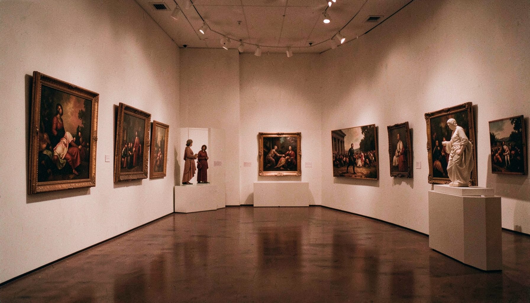 The Hunt Museum gallery interior with paintings on pale walls and sculpture displays, soft gallery lighting