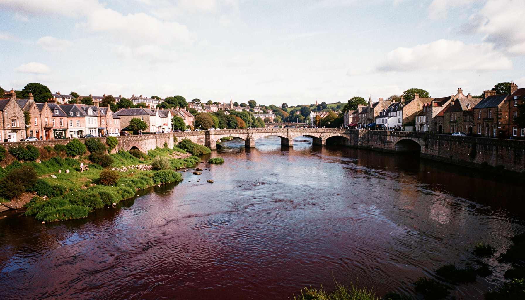 Wide view of the River Shannon flowing through Limerick city on a bright afternoon, with stone bridges, green riverbanks, and historic buildings lining the waterfront